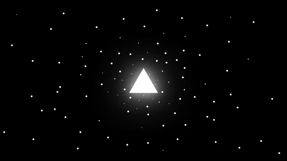 Glowing white triangle centered in a black space with scattered white dots like stars