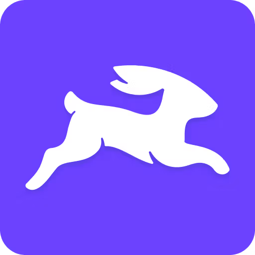 White running rabbit icon on purple rounded square background