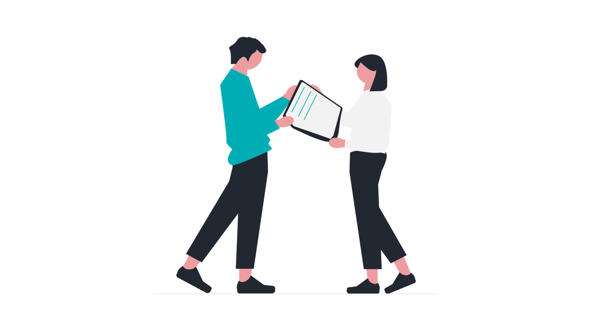 Illustration of two colleagues reviewing a training plan on a tablet, representing skills and employment commitments in a social value answer