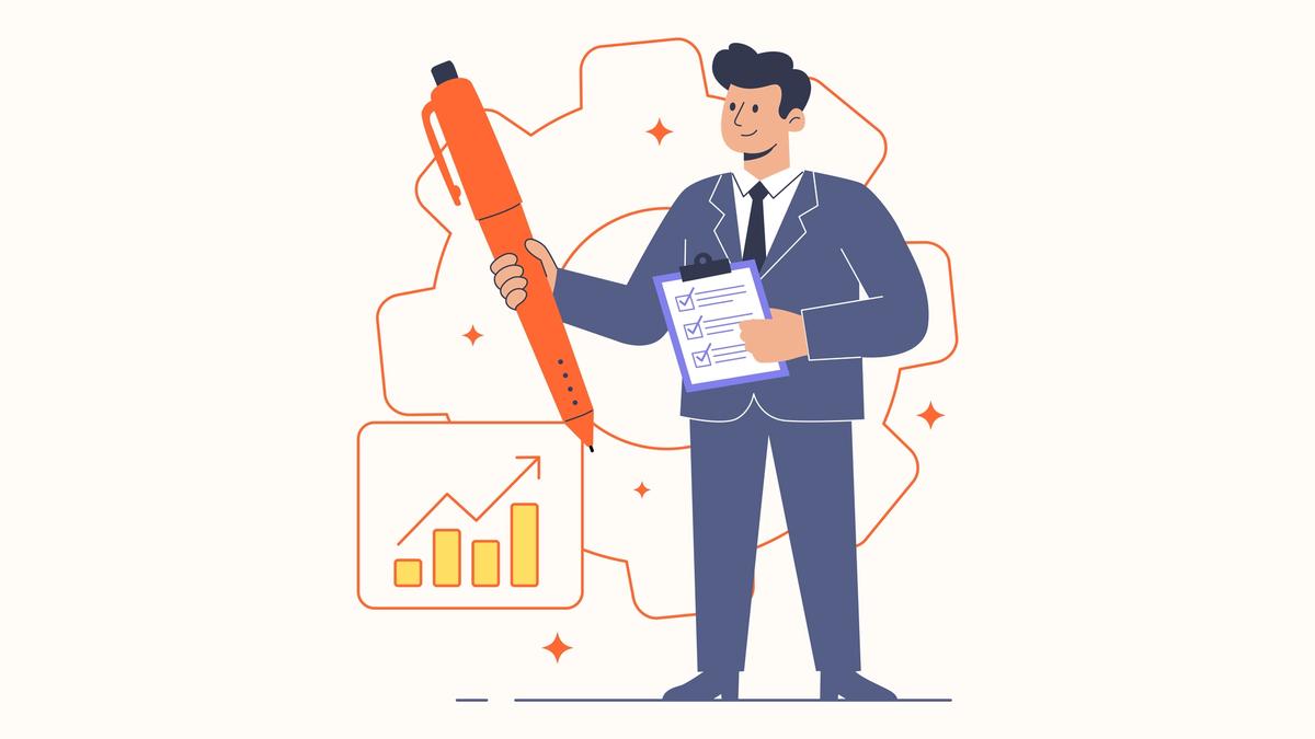 Businessperson ticking a bid qualification checklist beside a rising performance chart