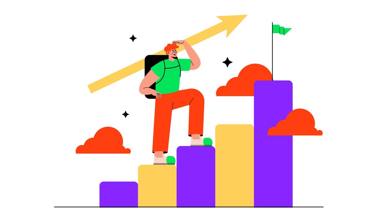 Climbing steps toward a flag, illustrating the bid manager career path and progression