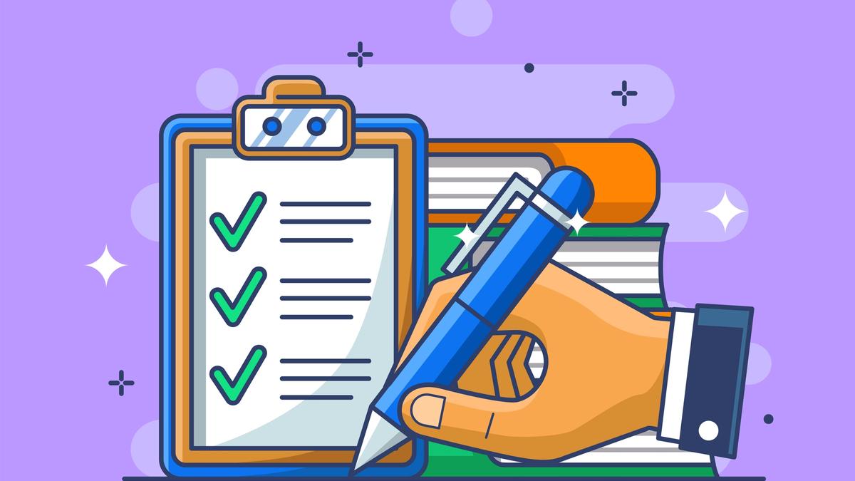 Illustration of a hand ticking items on a clipboard checklist, like an RFP compliance matrix