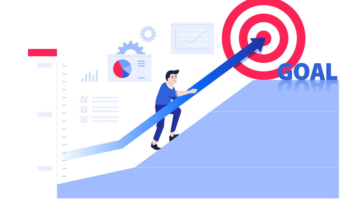 Businessperson moving a growth arrow toward a target, tracking bid win rate improvement over time
