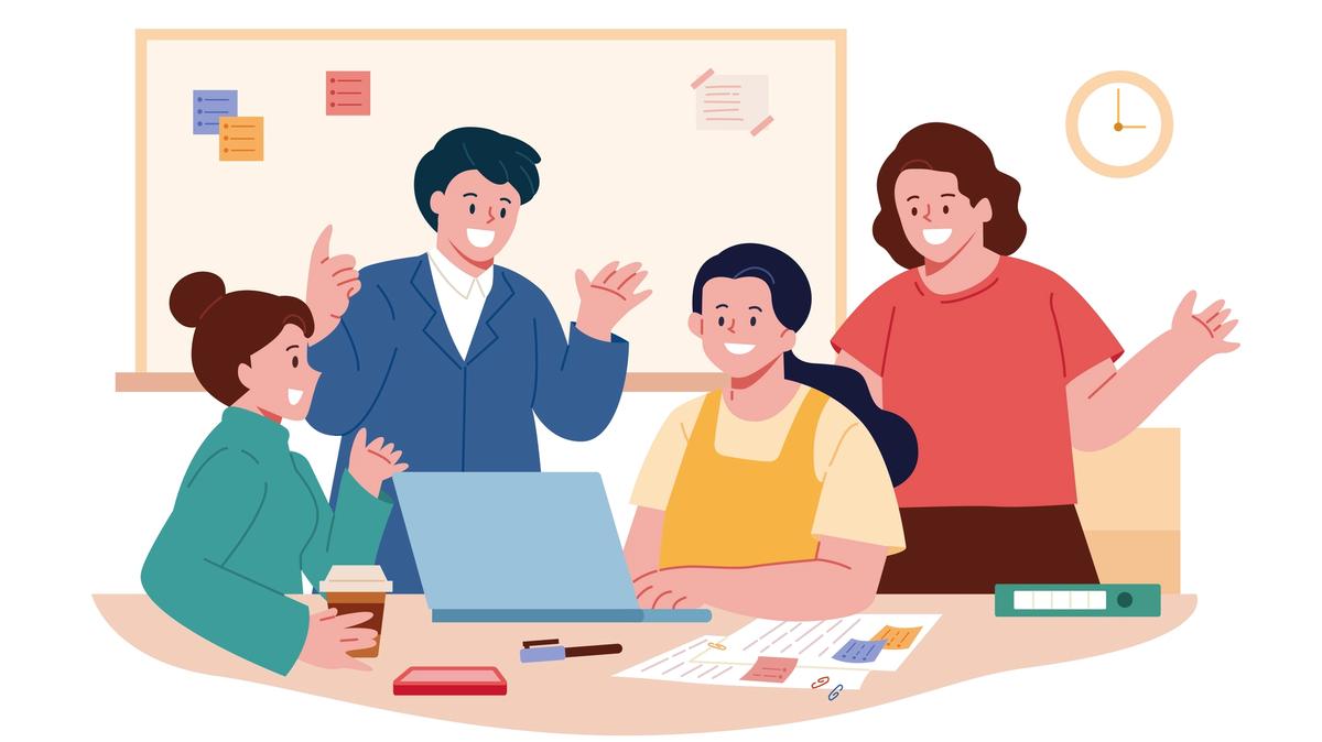 Illustration of a four-person bid team collaborating around a laptop in an office — bid manager, bid writer, and contributors reviewing a tender document together.