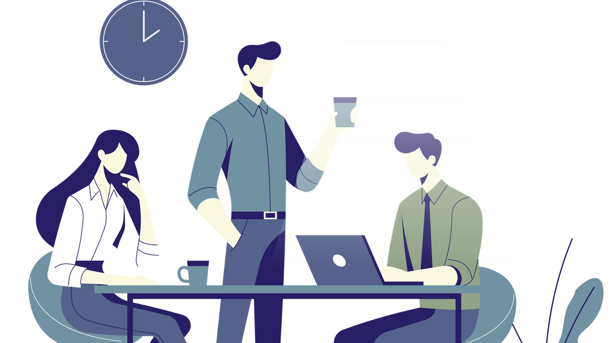 Three colleagues discussing a tender opportunity around an office desk