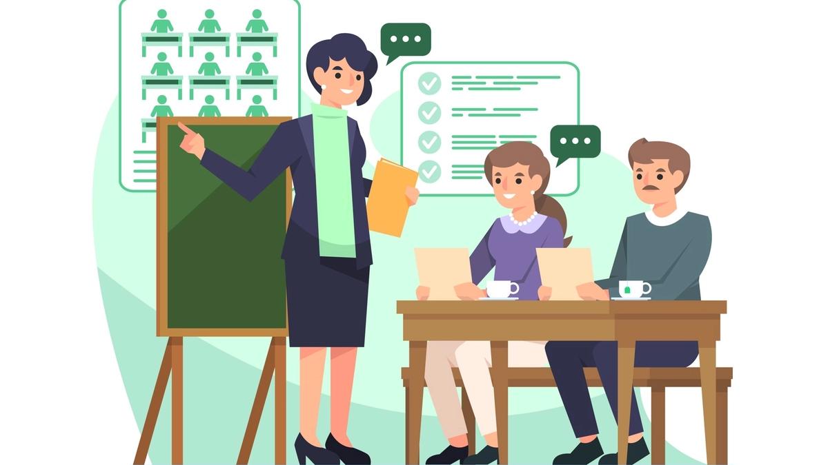 Illustration of a woman presenting at a board to two colleagues seated at a table with papers, beside a checklist and a chart of seated figures