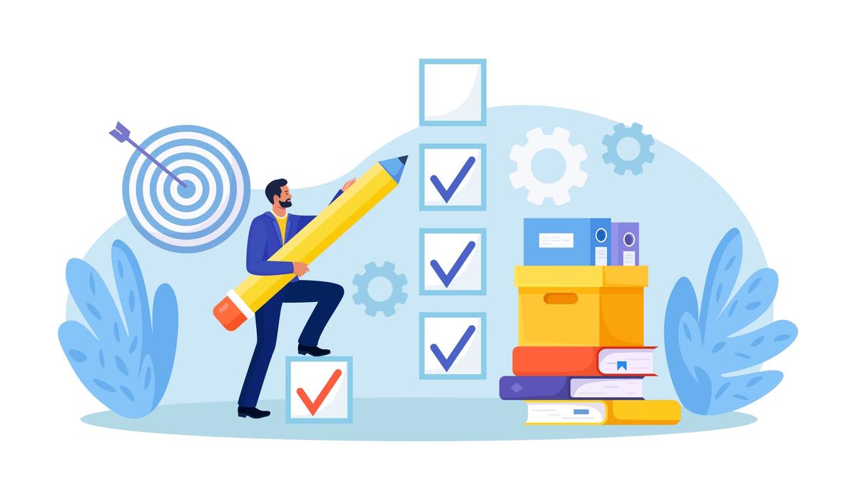 Man with an oversized pencil ticking items off a checklist