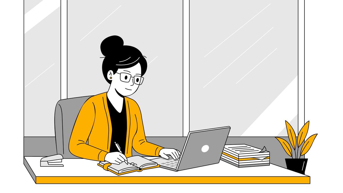 Illustration of a woman in glasses writing notes at a desk with a laptop, like a bid writer drafting a tender