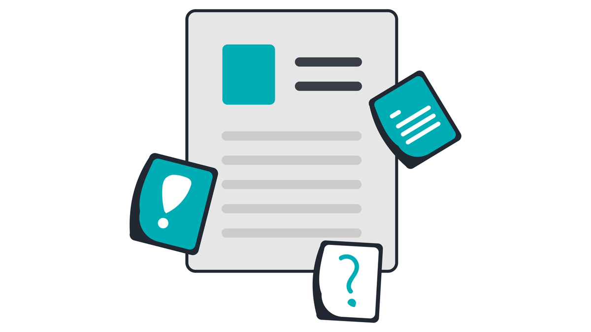 Illustration of a draft document marked with warning and question flags, representing a review of a bid before submission