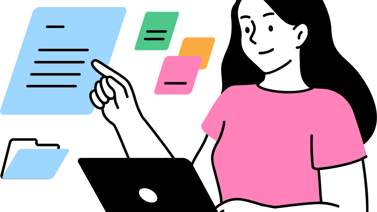 Illustration of a woman at a laptop pointing at a document, with coloured cards and a folder around her