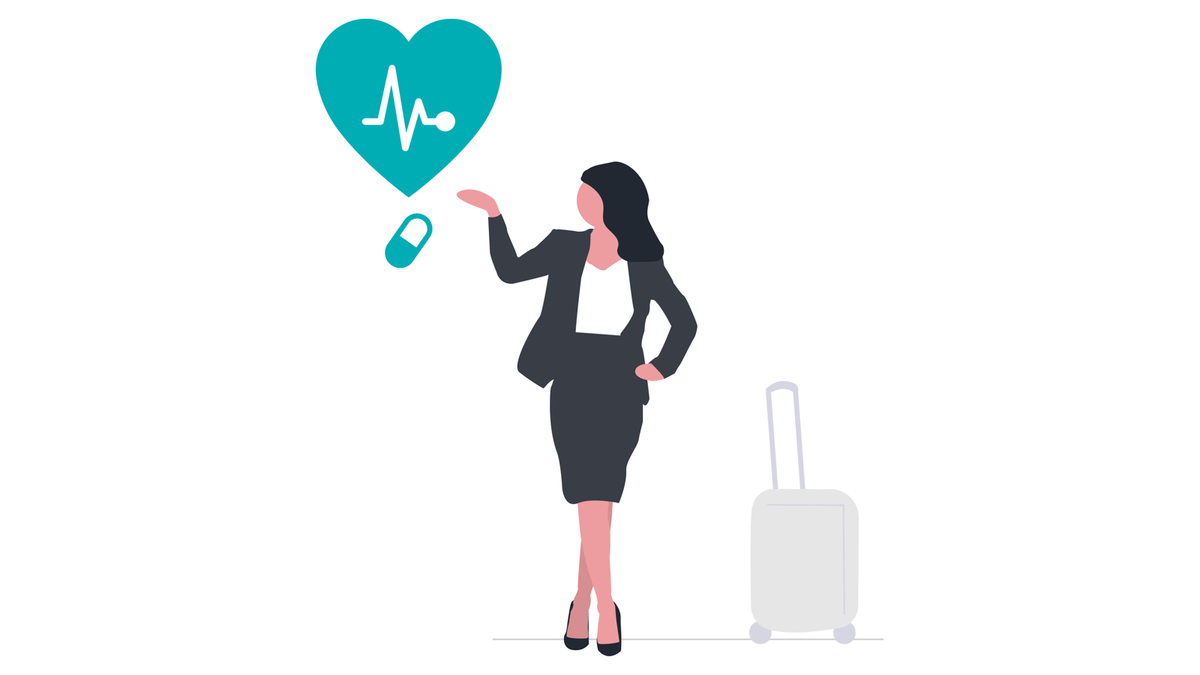 Illustration of a supplier beside a heart and medicine icons, representing selling goods and services to health care buyers