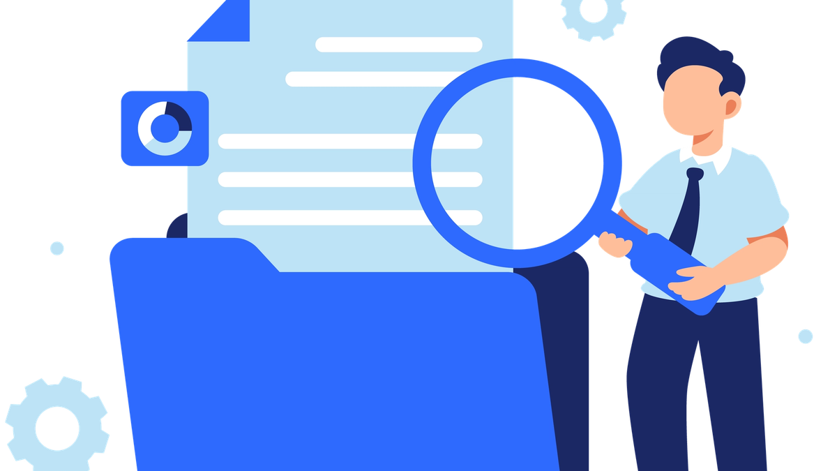 Person searching tender documents with a magnifying glass