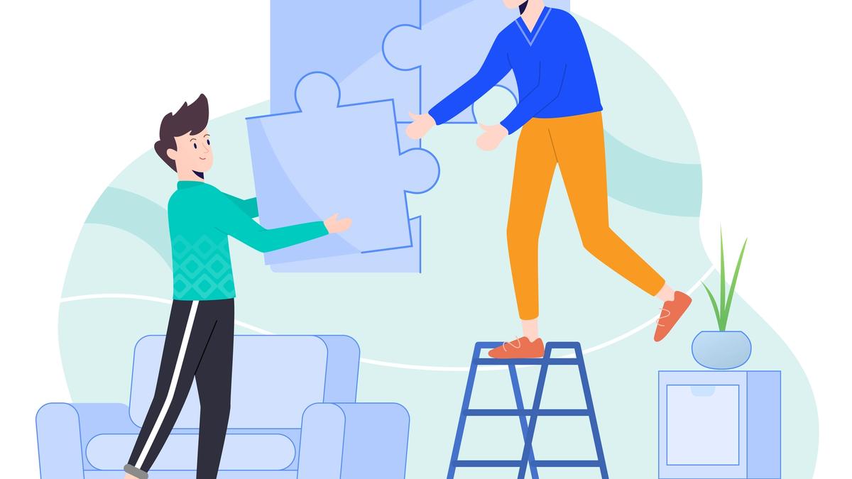 Illustration of two men fitting large puzzle pieces together, one standing on a stepladder