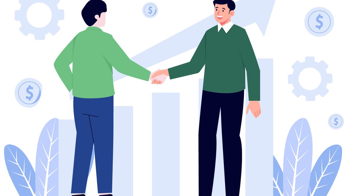 Two people shaking hands in front of a rising graph after winning a tender
