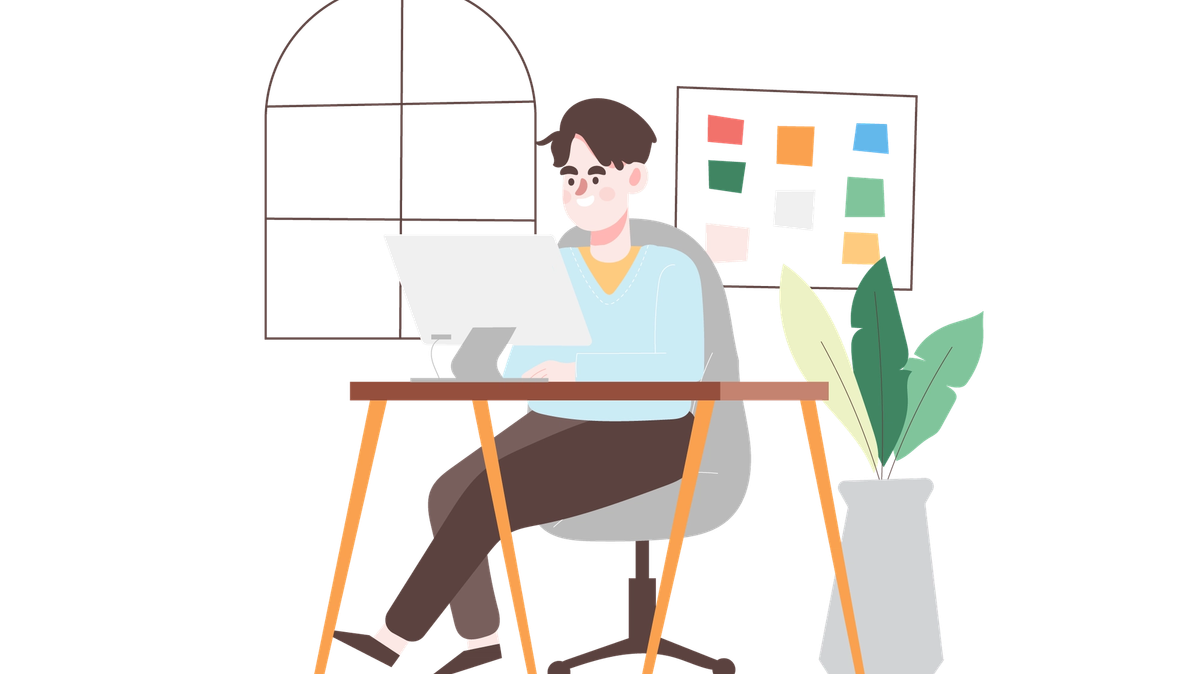 Bid manager at a desk with a laptop and a wall board of colour-coded planning notes