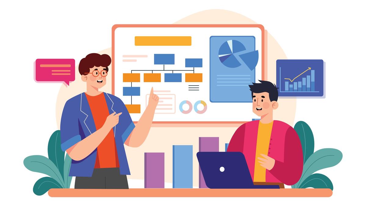 Two colleagues discussing a workflow chart and performance graphs, comparing BidScript as an AutogenAI alternative
