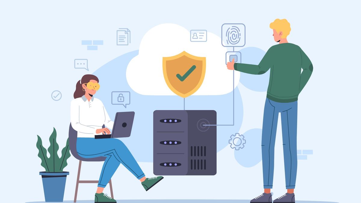 Illustration of a woman working on a laptop and a man using a fingerprint scanner beside a server with a cloud and a shield