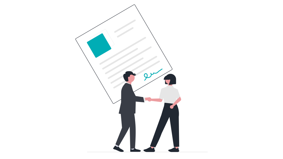 Illustration of two people shaking hands in front of a signed agreement, representing a supplier joining a framework