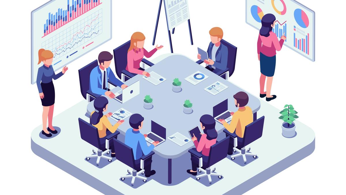 Illustration of a bid team around a table reviewing charts and documents during an RFP response review