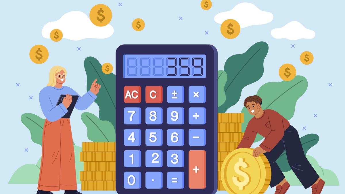 Illustration of two people beside a giant calculator and stacks of coins, representing bid writer salary in the UK