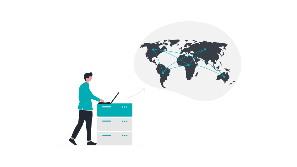 Illustration of a person working at a cloud server, with a world map showing services connected across the globe