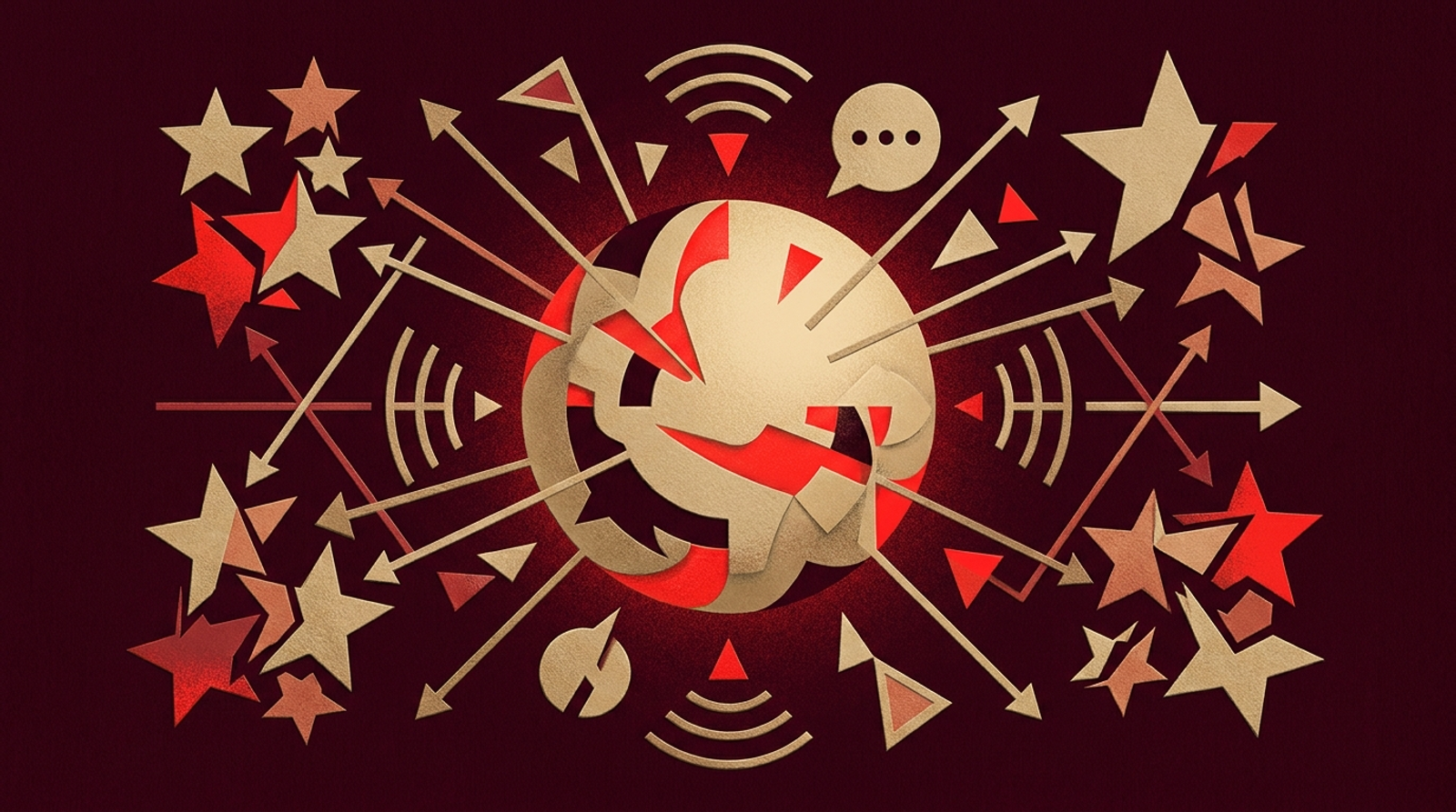 Illustrazione: recensioni, stelle e reputazione che convergono su un nucleo radiante