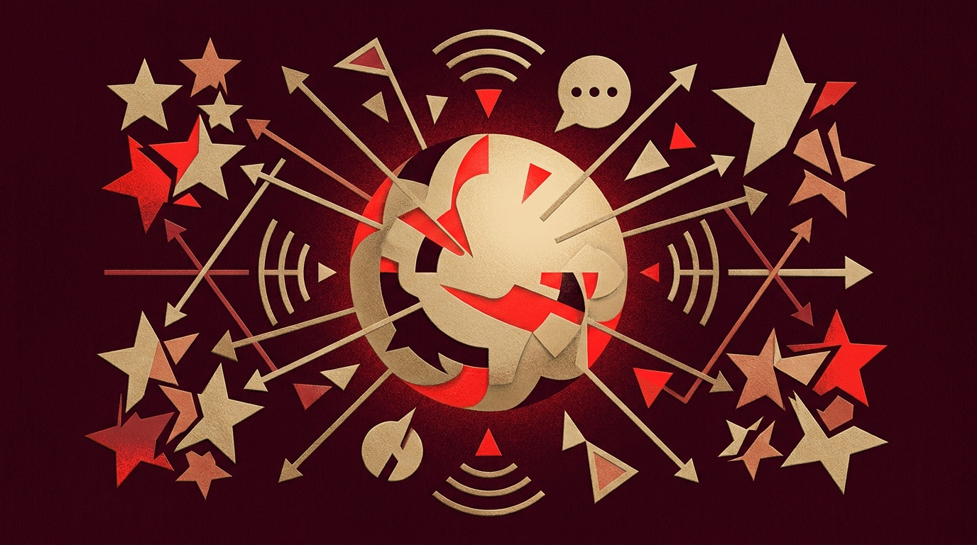 Illustrazione: recensioni, stelle e reputazione che convergono su un nucleo radiante