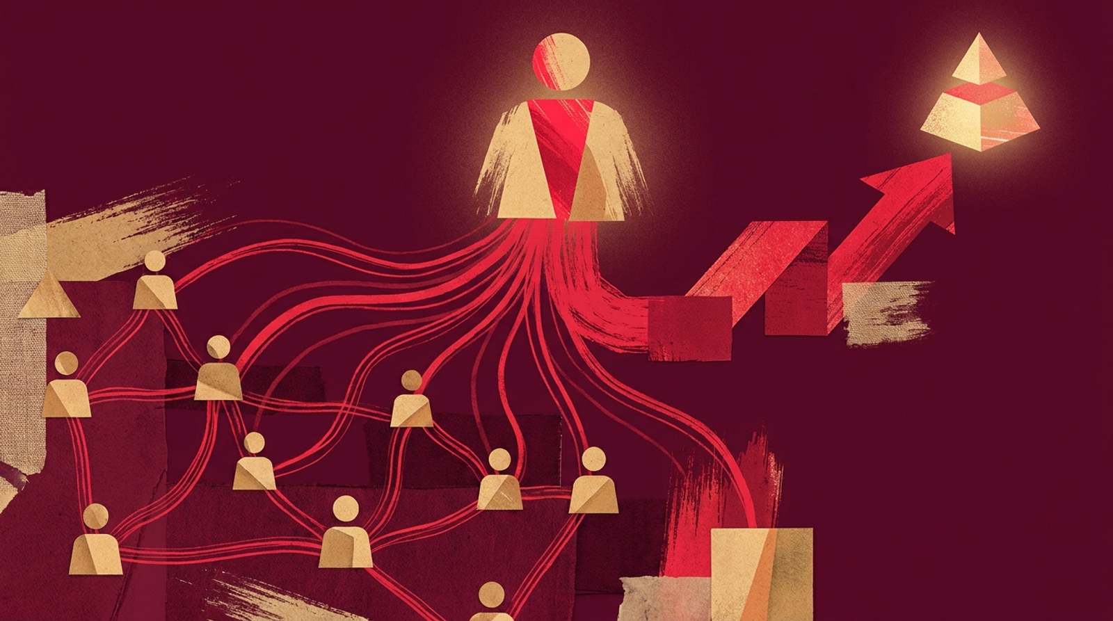 Illustrazione: una rete di persone collegata a una figura centrale — la fiducia che diventa clienti