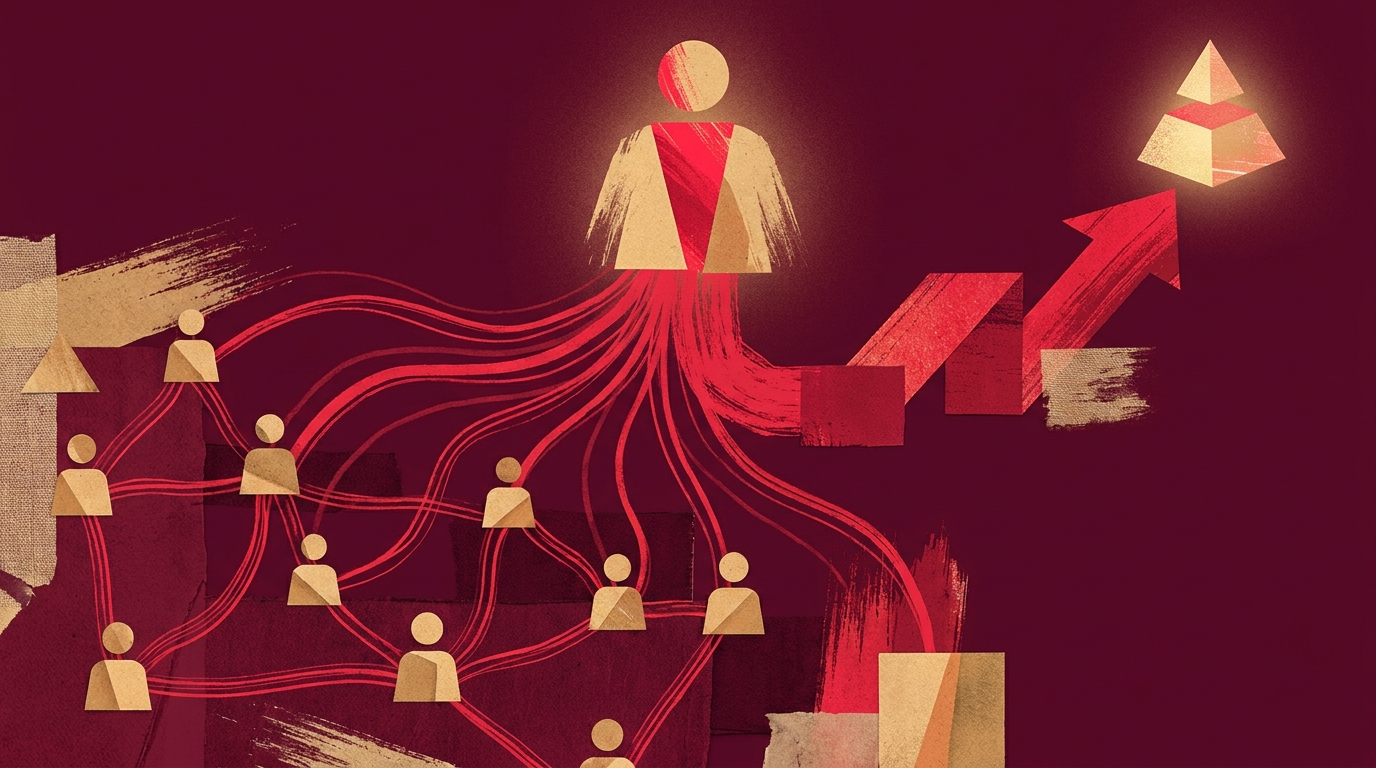 Illustrazione: una rete di persone collegata a una figura centrale — la fiducia che diventa clienti