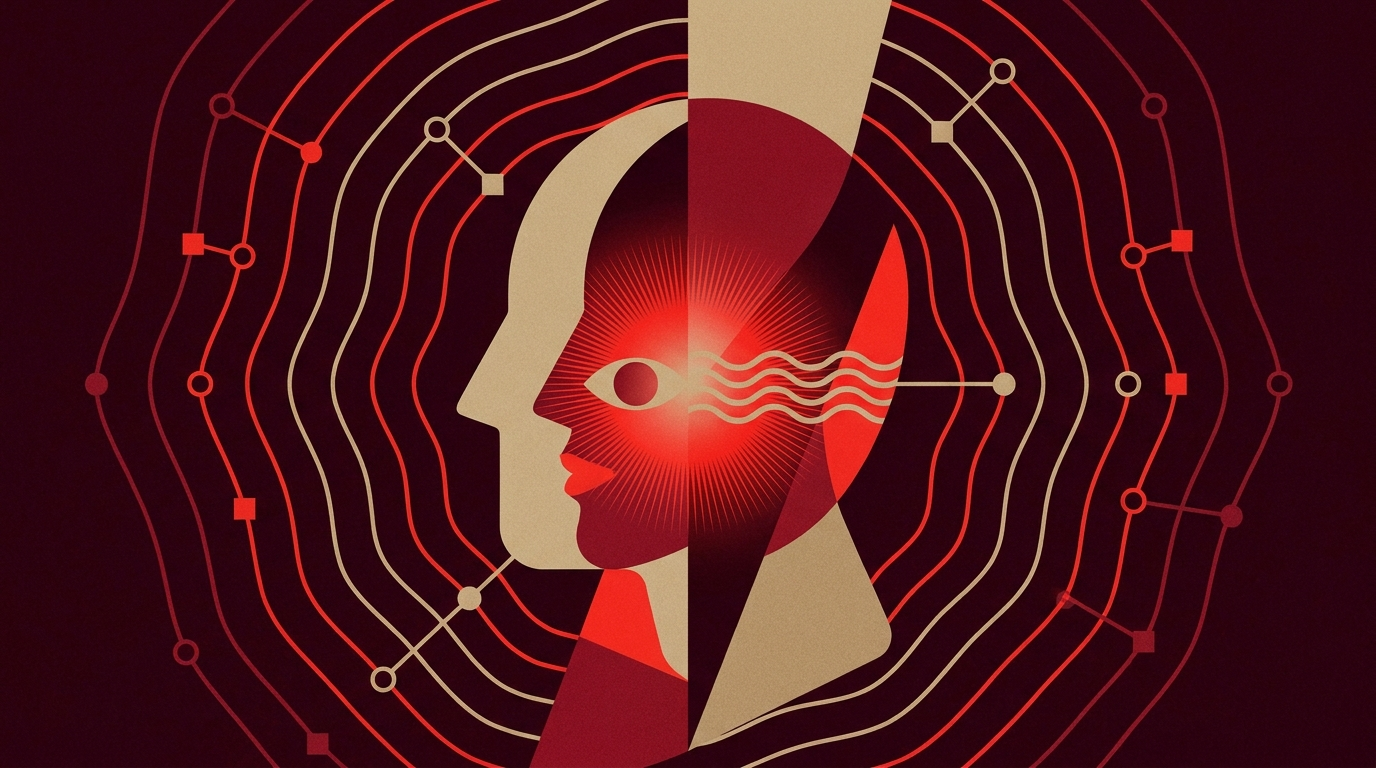 Illustrazione: un volto che diventa marchio, irradiando influenza e connessioni