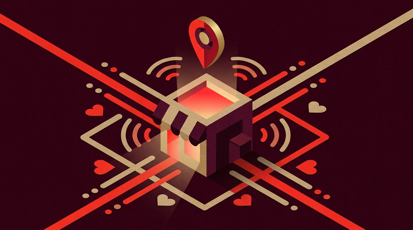 Illustrazione: un locale che irradia segnali digitali — posizione, social, connessioni