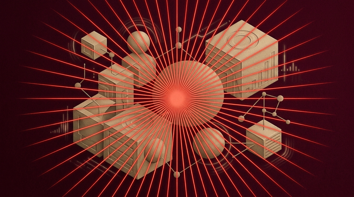 Illustrazione editoriale: intelligenza artificiale e dati che attivano un sistema d'impresa
