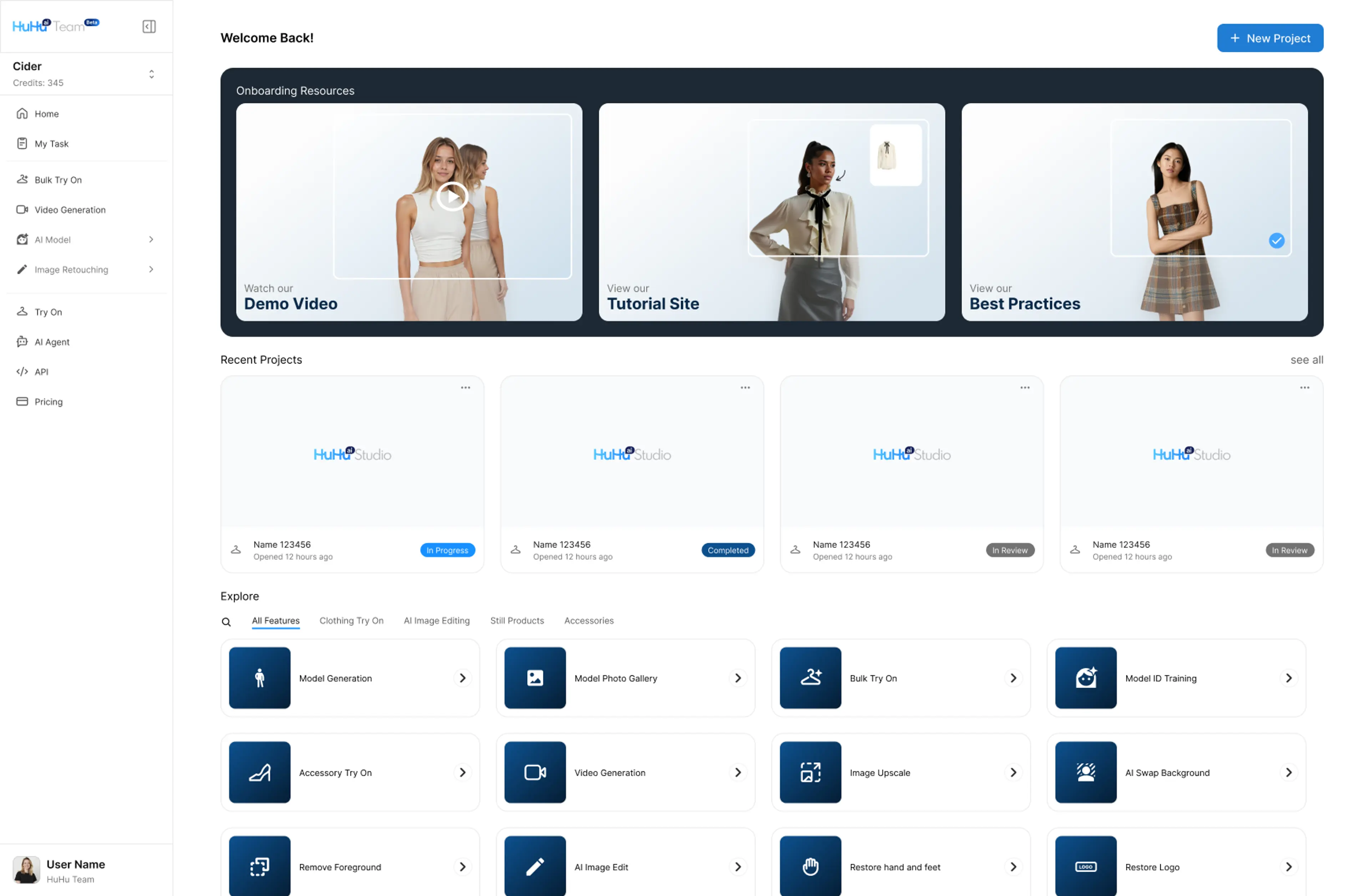 HuHu Studio team version home user interface