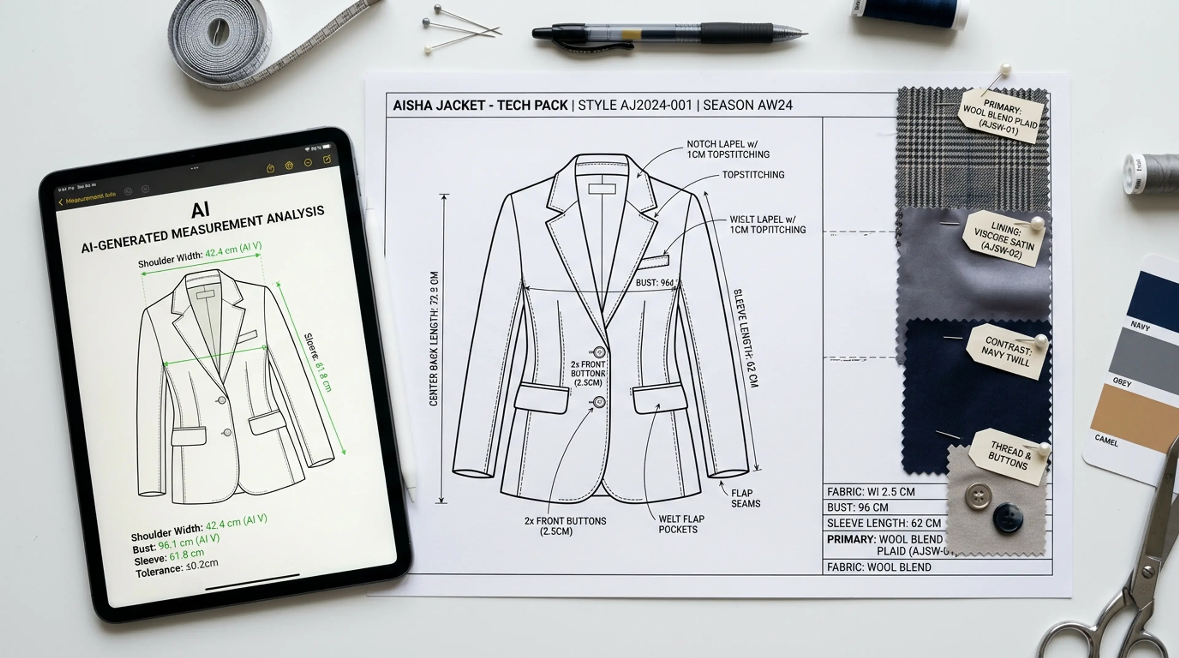 Fashion design workspace with AI-generated garment specifications and digital measurement annotations on a tablet