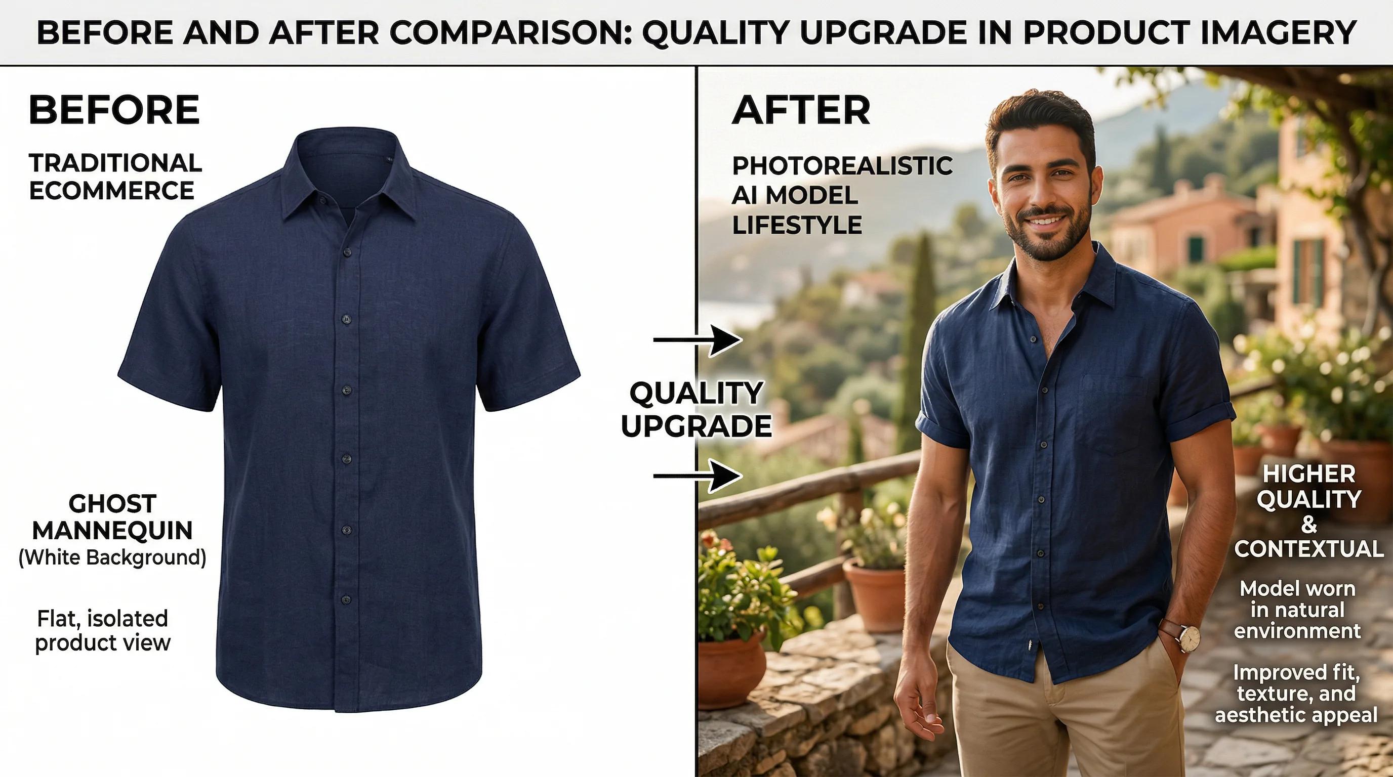 Side by side: ghost mannequin product shot versus AI ghost mannequin generated from a flat lay in one click