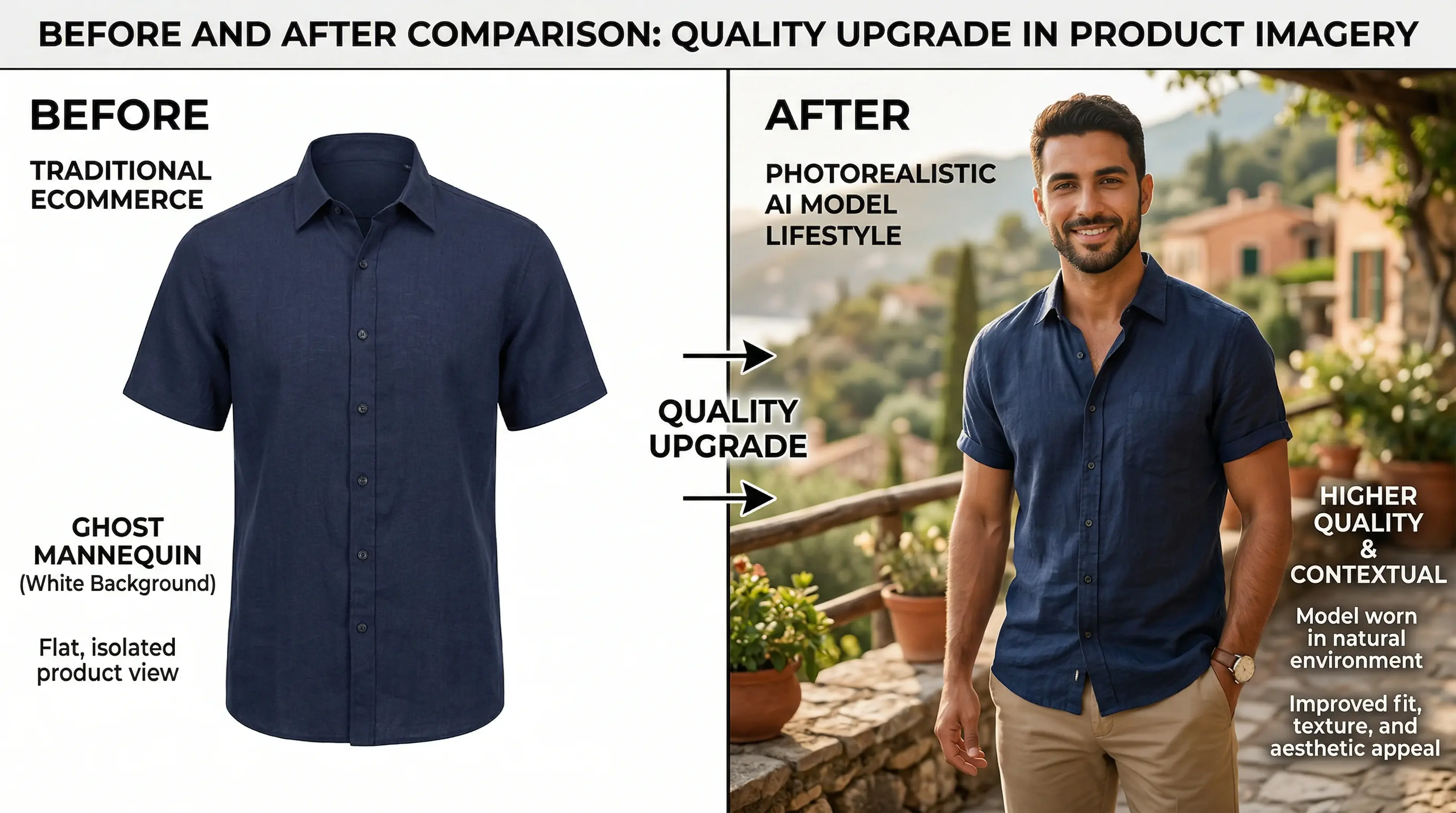 Side by side: ghost mannequin product shot versus AI ghost mannequin generated from a flat lay in one click