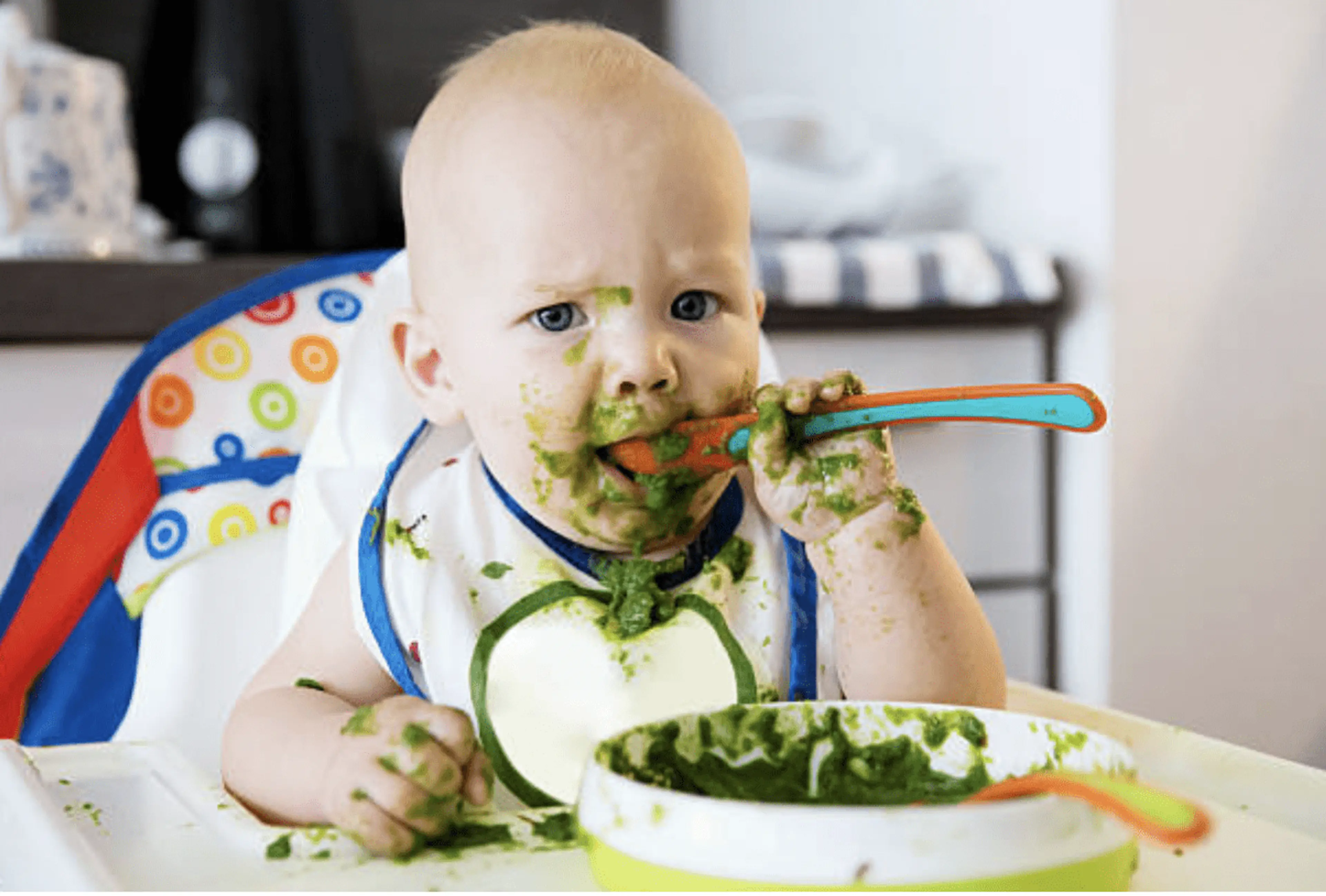 Chaotic situation in which a baby model is eating food
