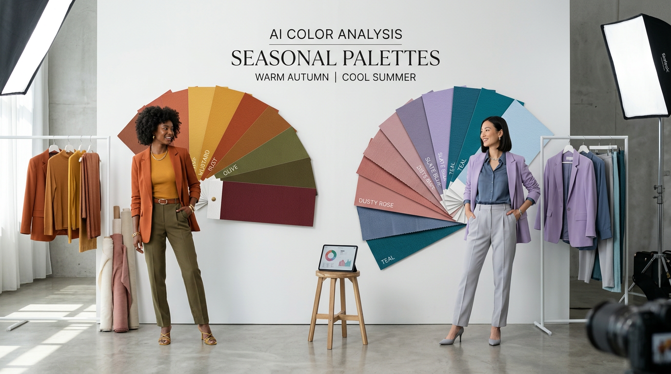 AI color analysis showing diverse seasonal fashion color palettes alongside coordinating garments