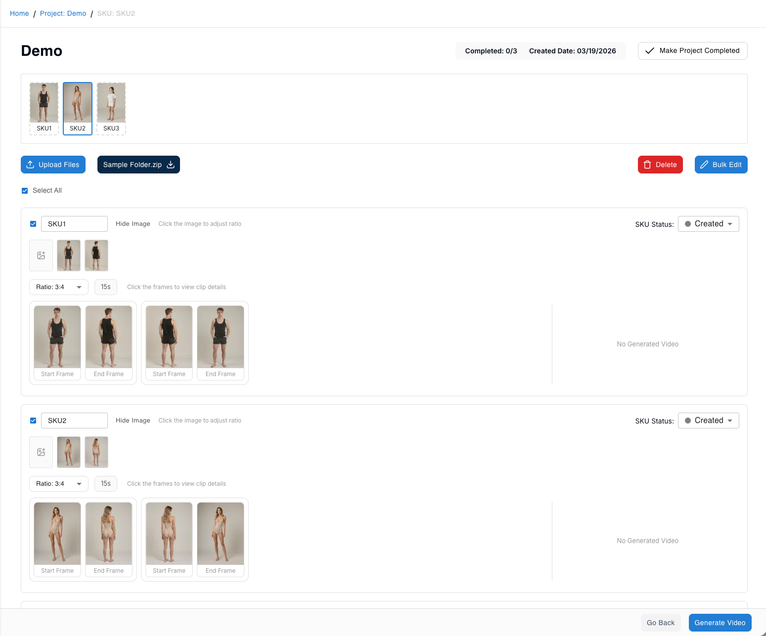 Project overview page showing all SKUs with video clips, start and end frames
