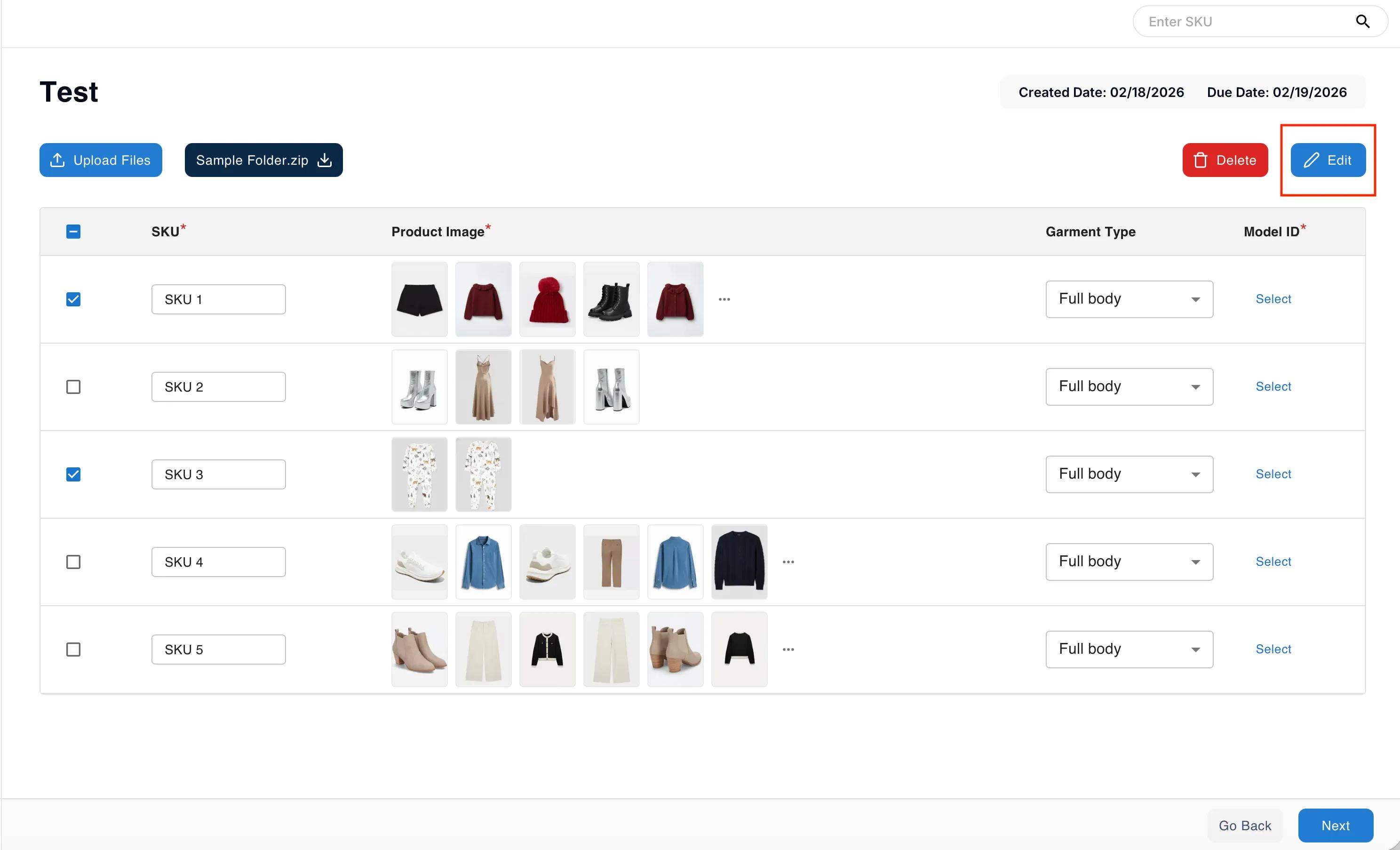 Multi-select SKU rows