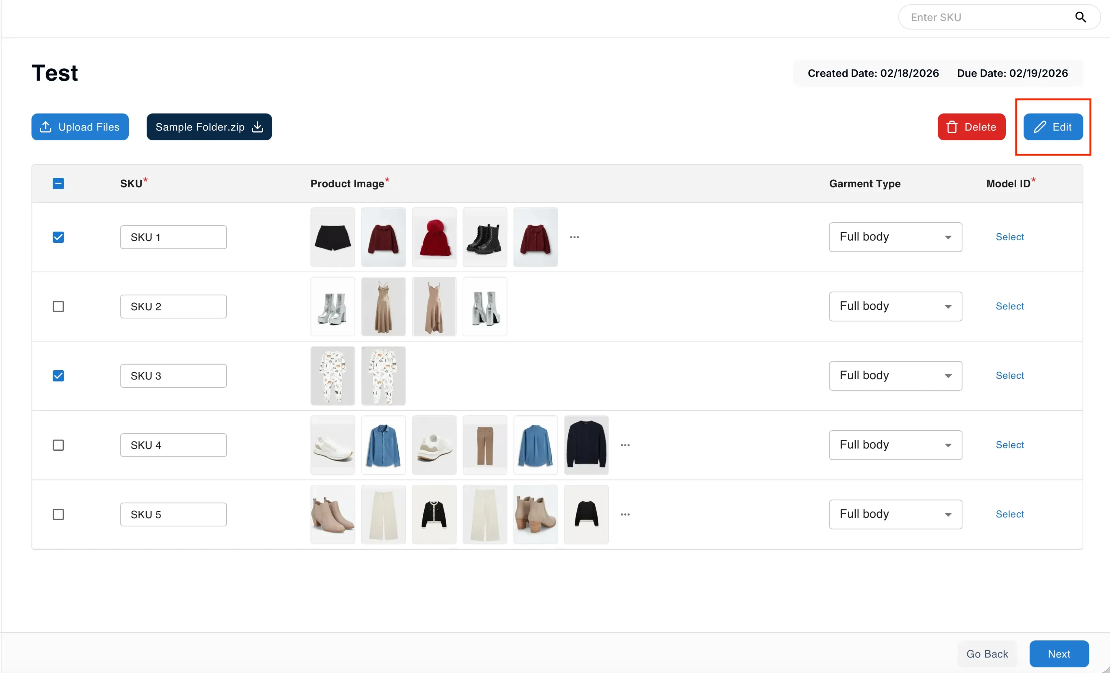 Multi-select SKU rows