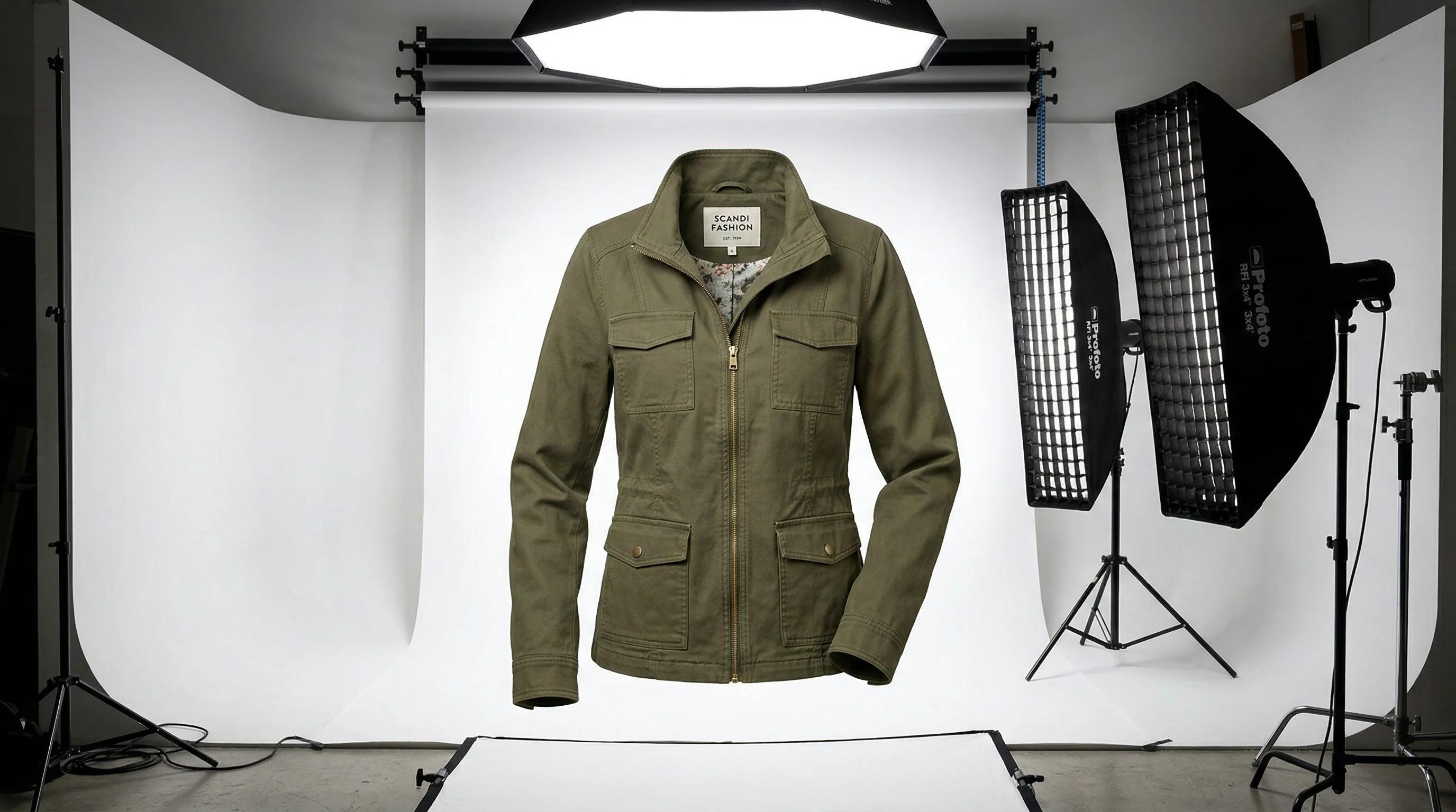 Ghost mannequin photography setup showing clothing on invisible mannequin with white seamless studio background