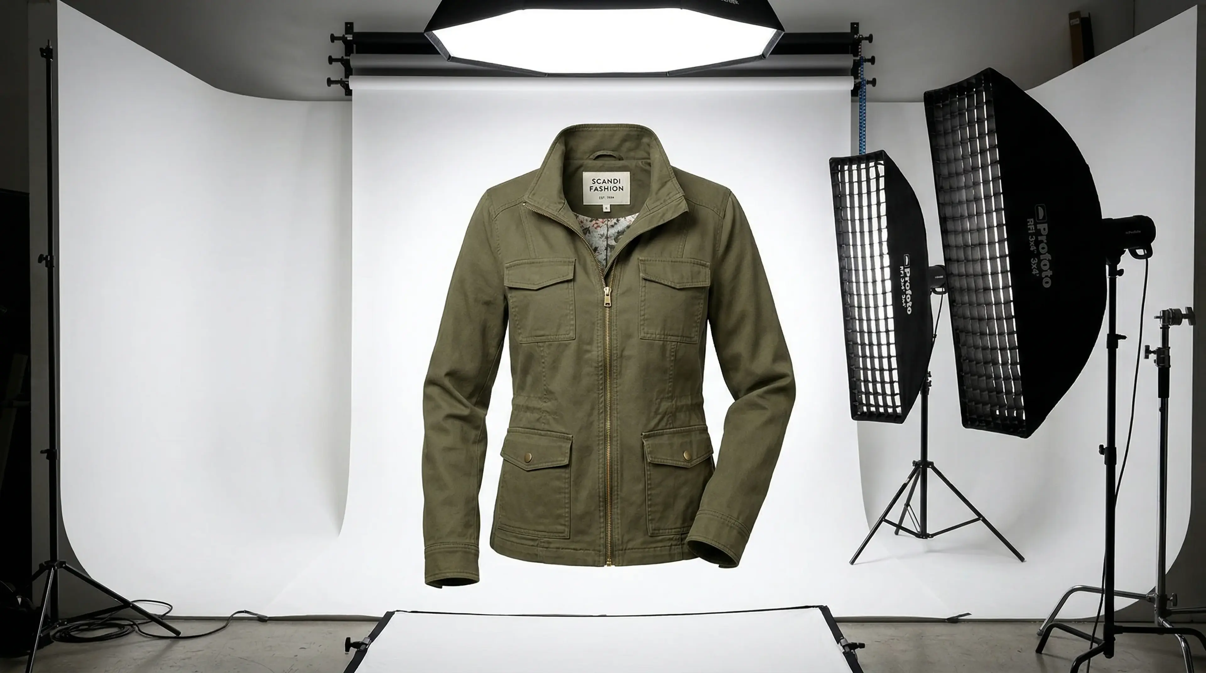 Ghost mannequin photography setup showing clothing on invisible mannequin with white seamless studio background