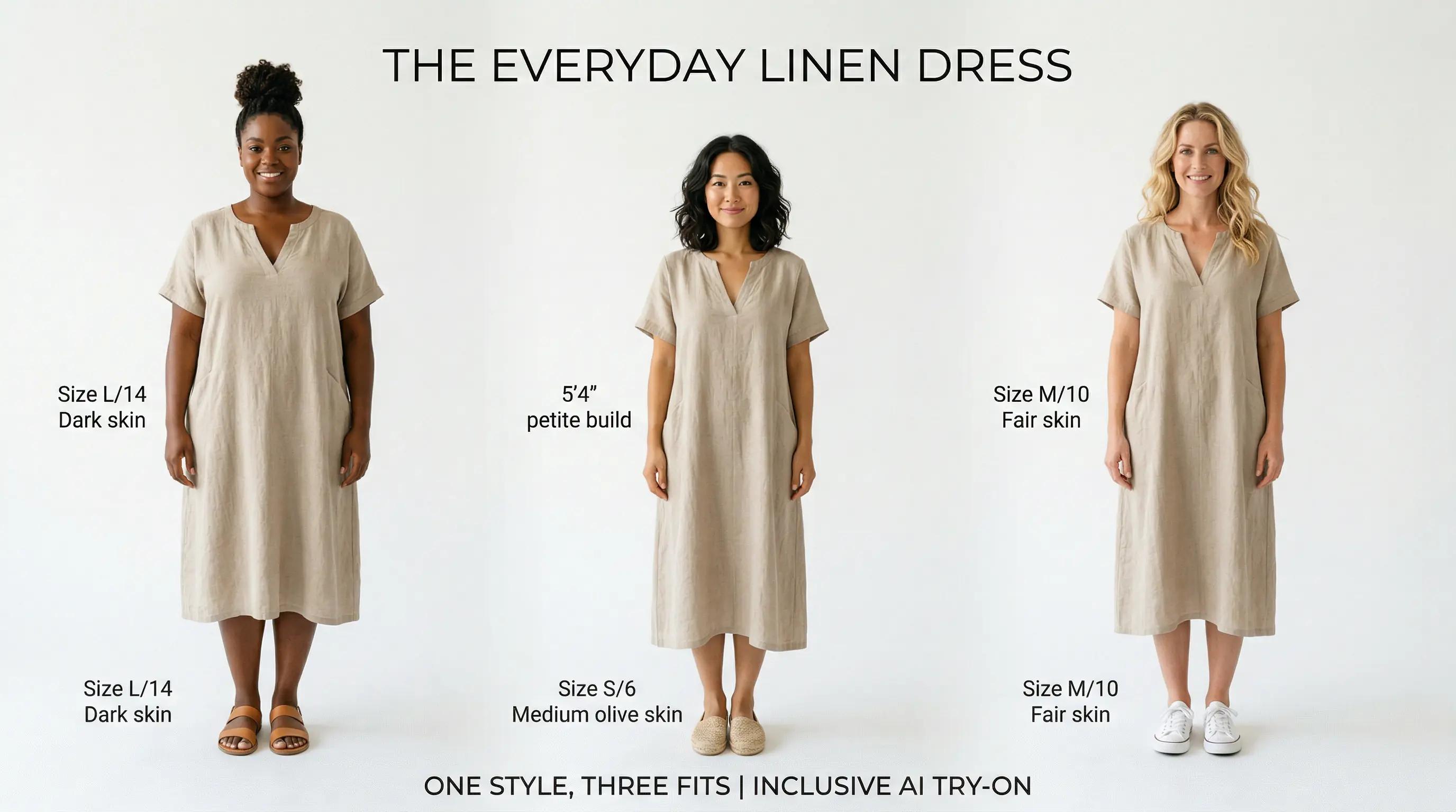 AI virtual try-on result showing a garment on a diverse set of AI fashion models for a Shopify store