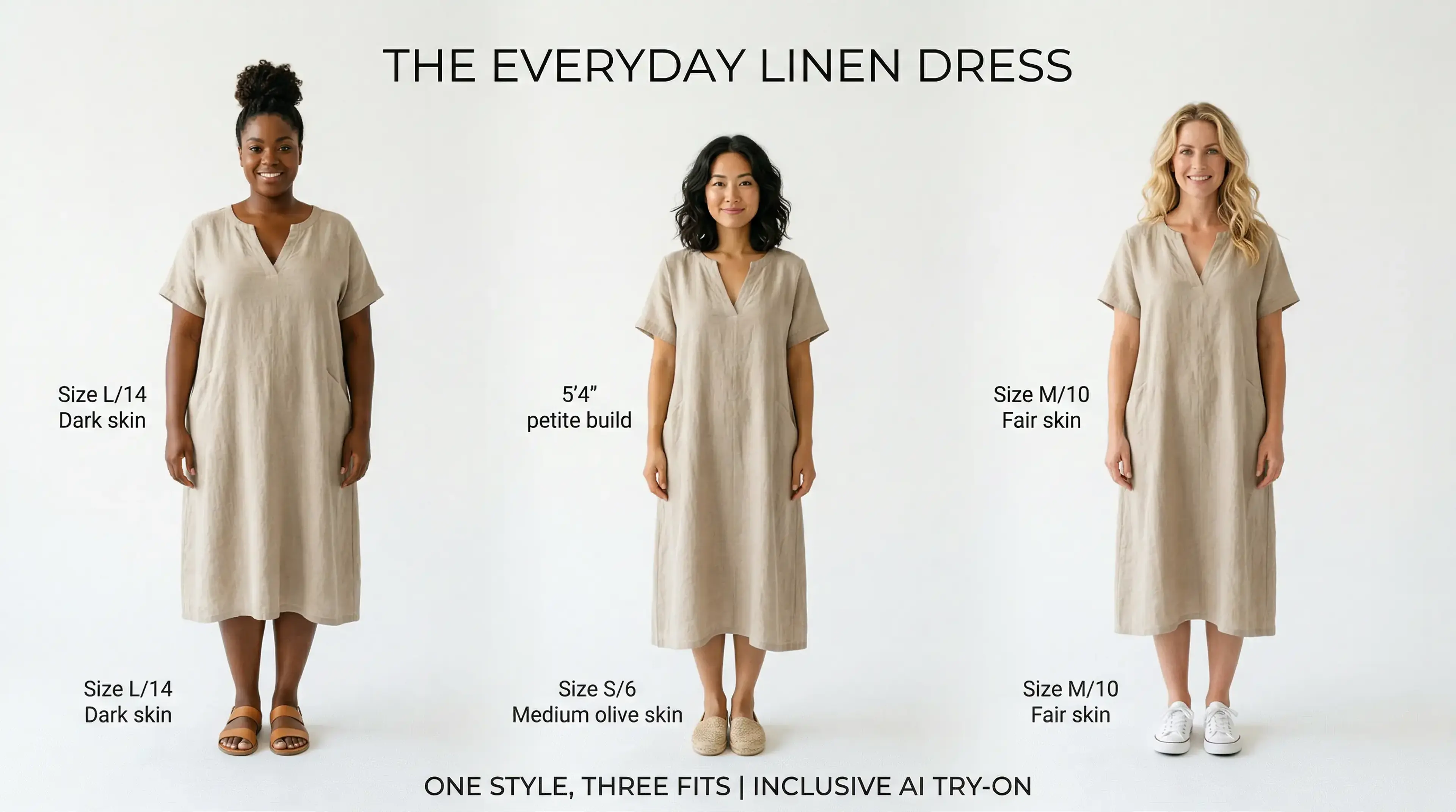AI virtual try-on result showing a garment on a diverse set of AI fashion models for a Shopify store