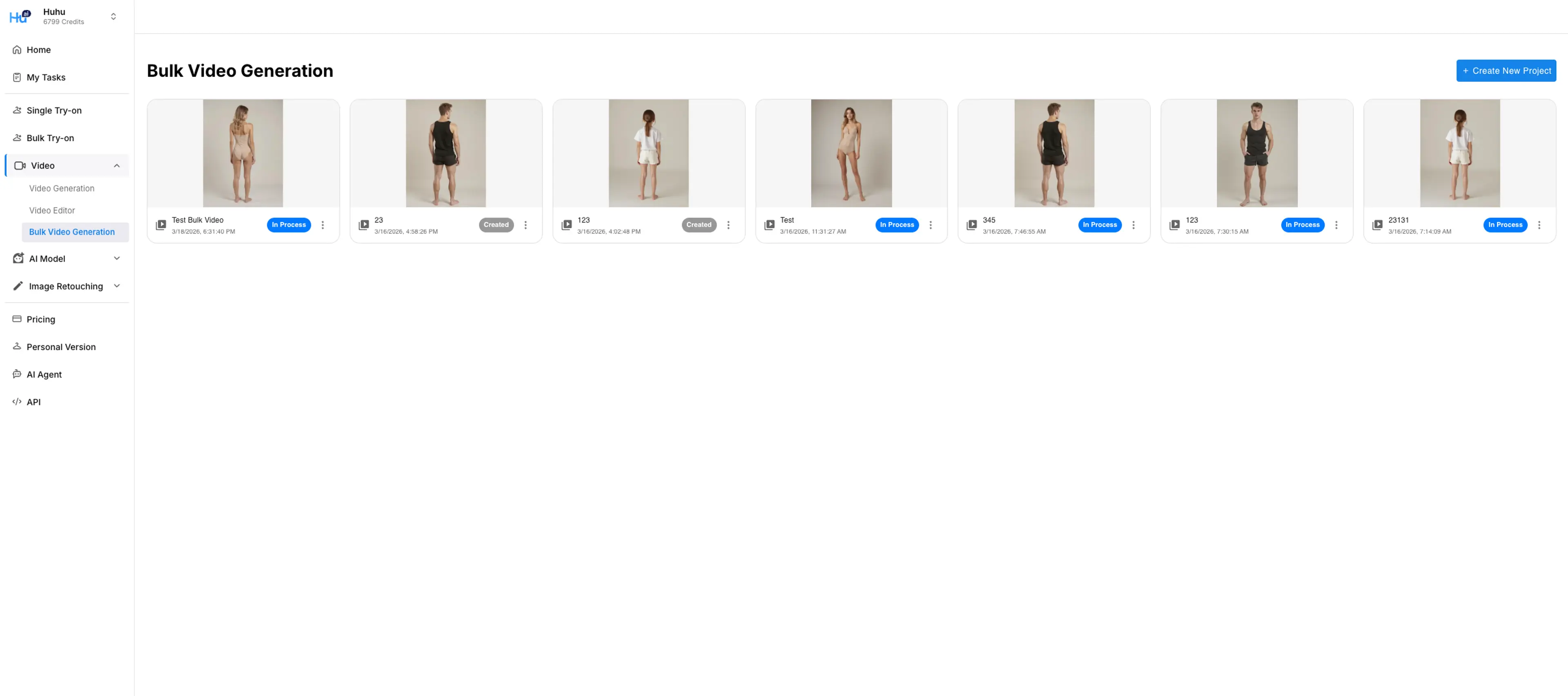 Bulk Video Generation dashboard showing existing projects with Create New Project button