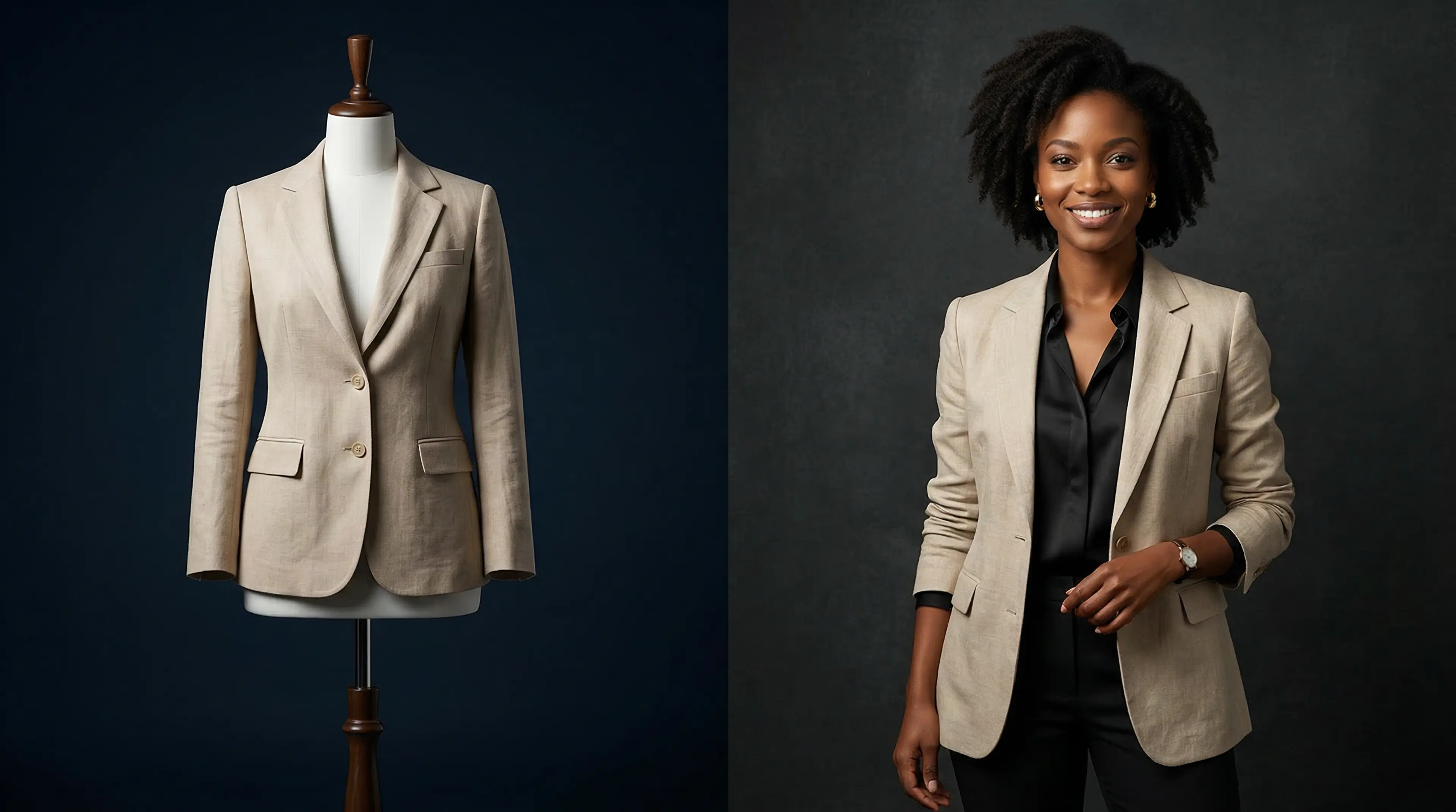 Mannequin product photo transformed into a realistic on-model image using HuHu AI