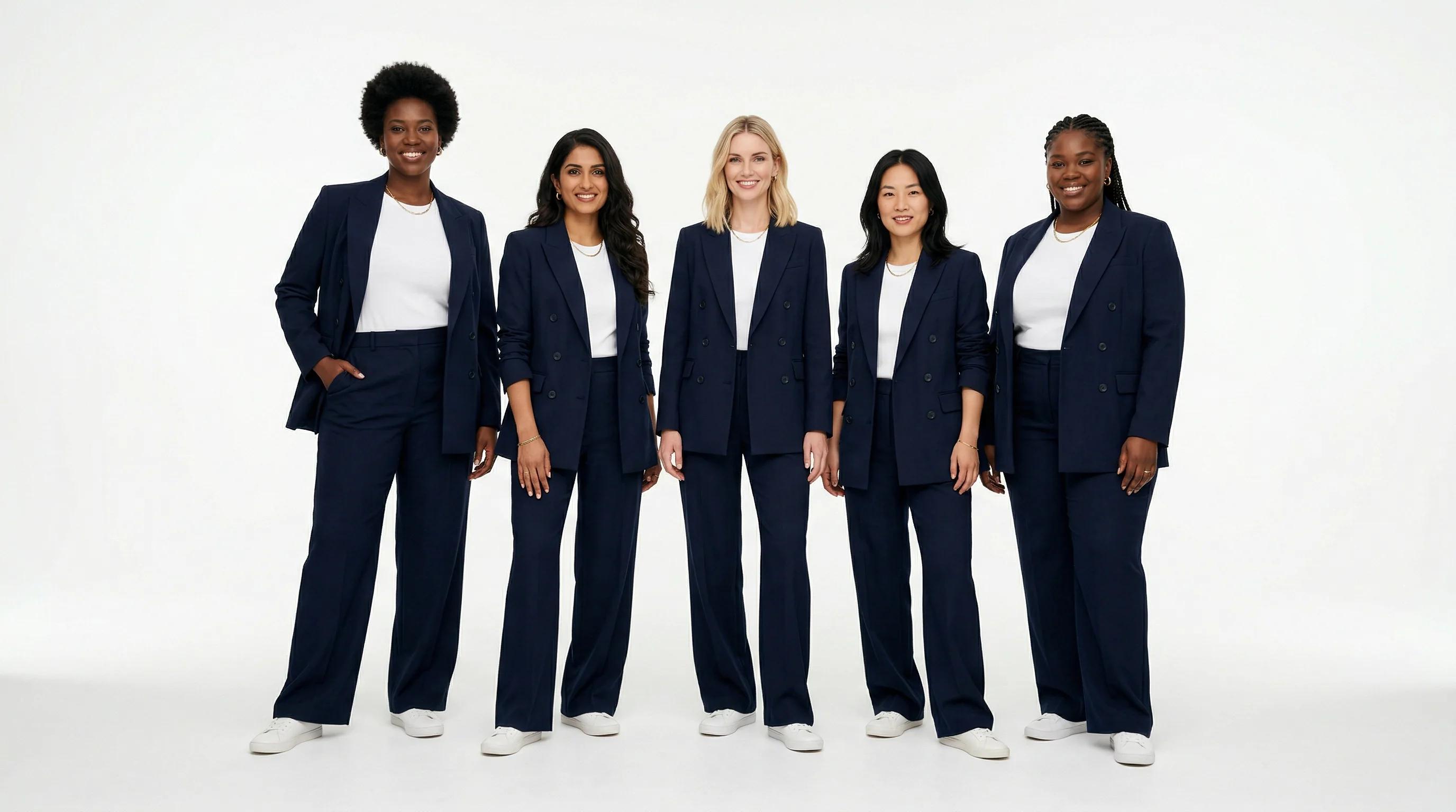 Diverse AI fashion models wearing the same outfit across different body types and ethnicities