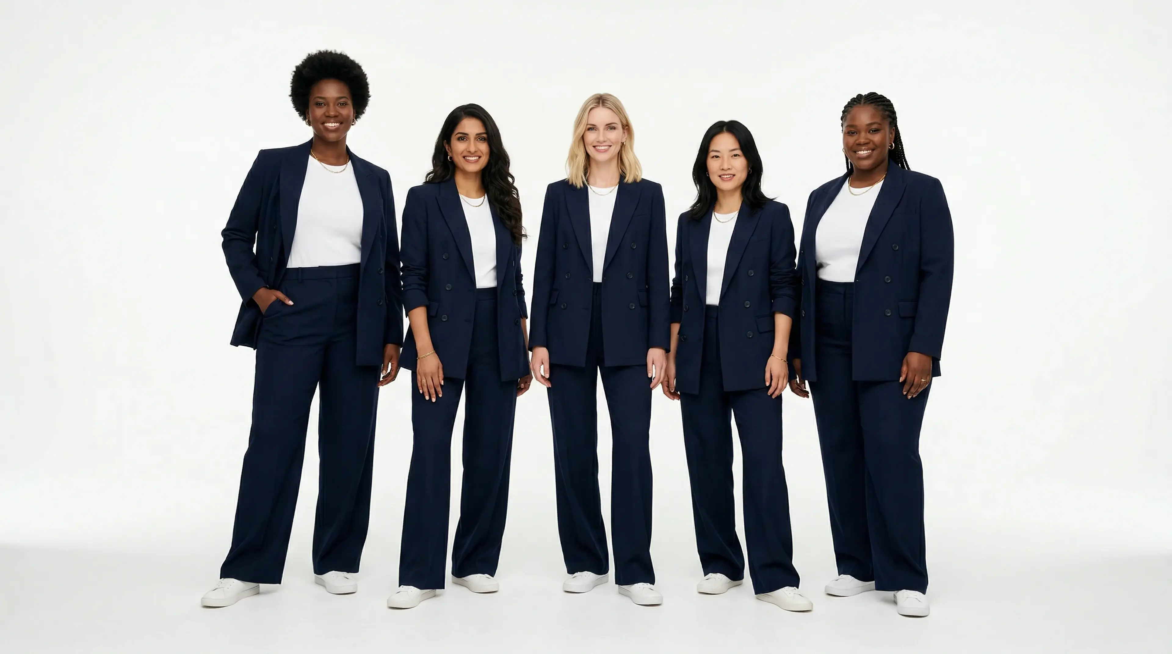 Diverse AI fashion models wearing the same outfit across different body types and ethnicities