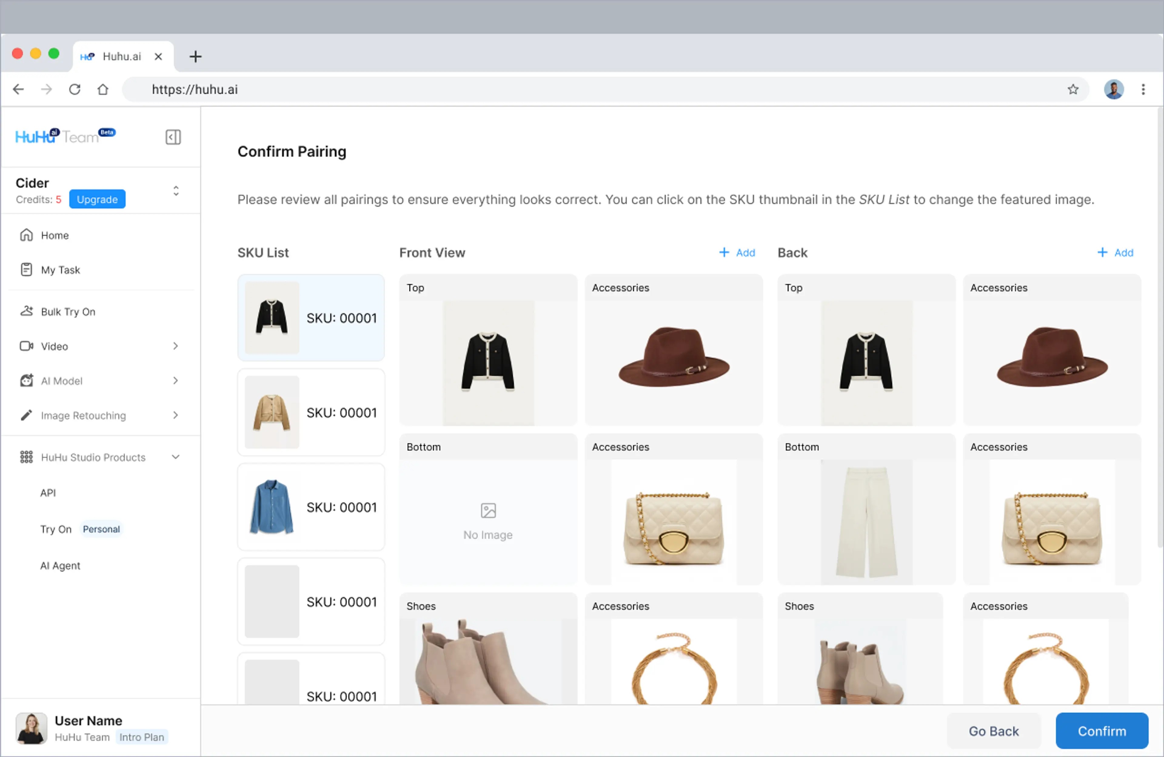 Garment pairing interface